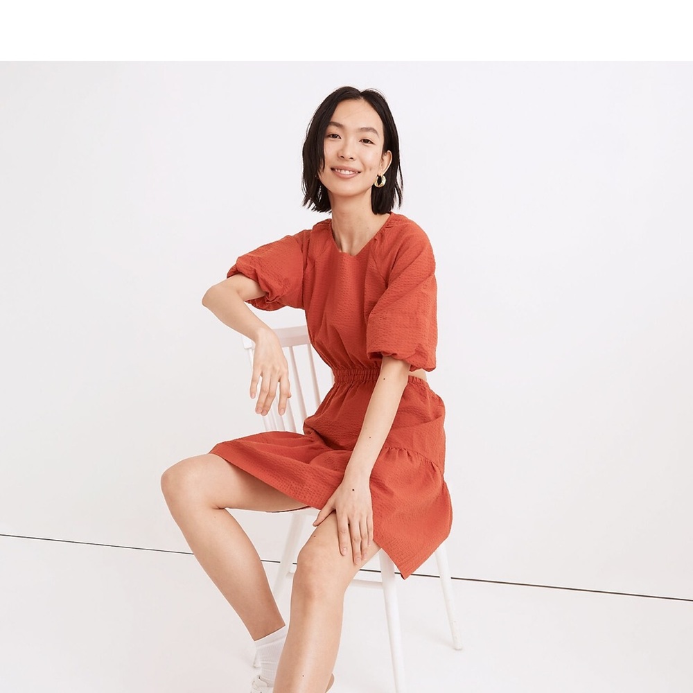 NWT Madewell Seersucker Puff-Sleeve Cutout Mini Dress Size XL